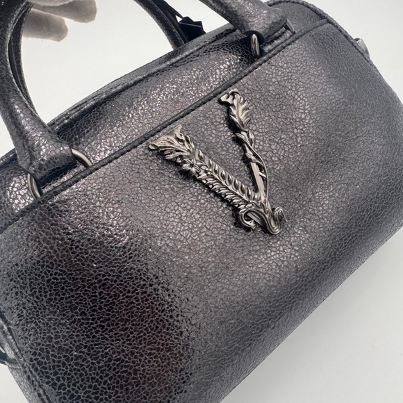 VERSACE Metallic Calfskin Virtus Small Bowling Bag Grey - Picture 2 of 10